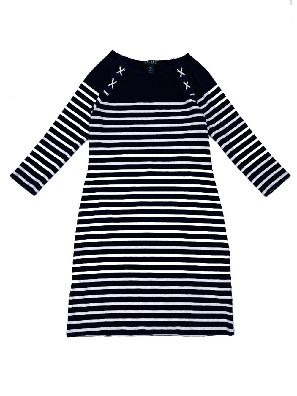 Ralph Lauren Nautical Sailor 3/4 Sleeve Striped Navy Blue White Dress Womens S